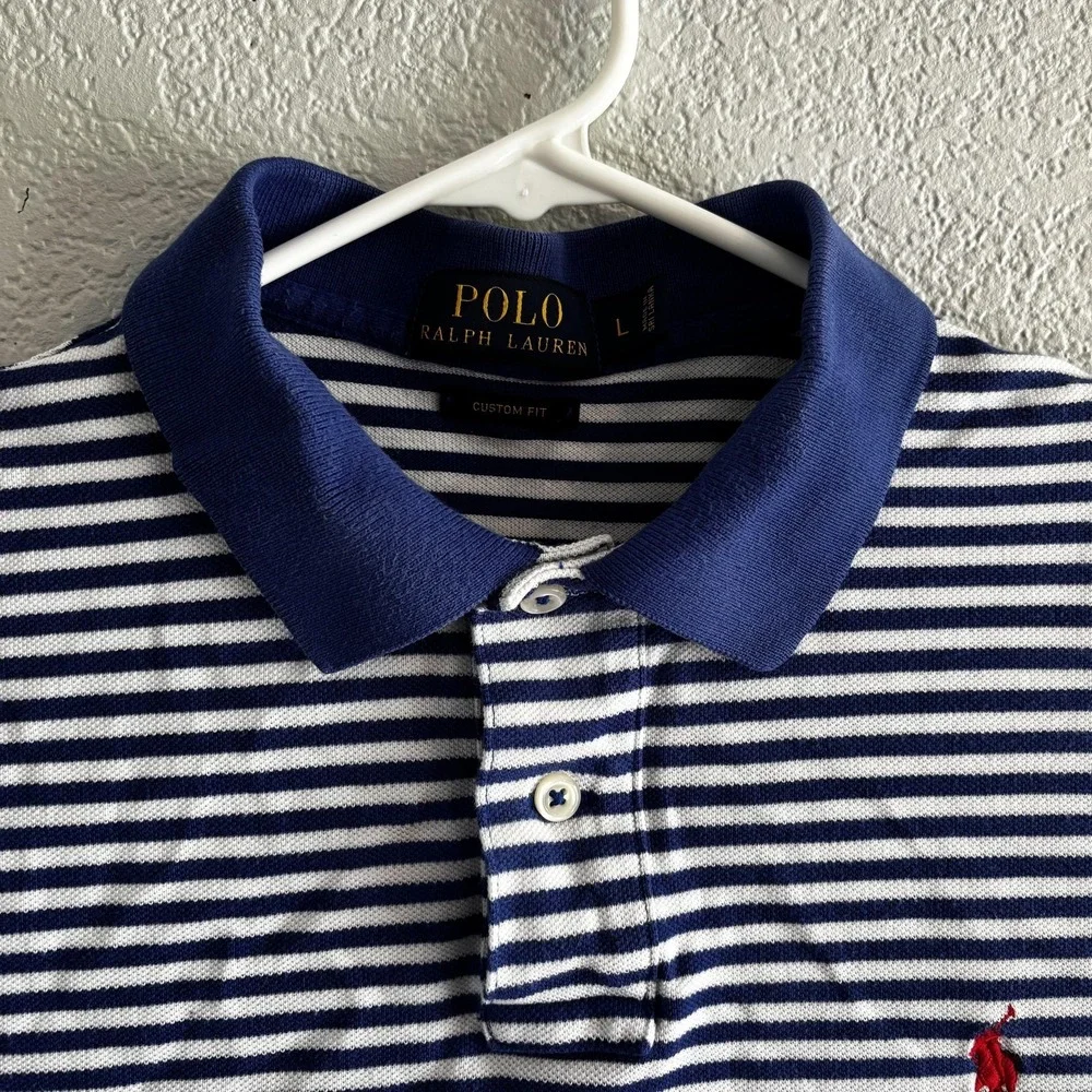 Polo Ralph Lauren Polo Shirt Mens Large Blue Striped Custom Fit Preppy